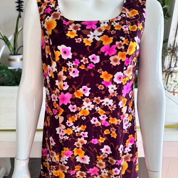 Handmade 1960s floral print, maroon,  pink orange brown, full size maxi dress - Picture 2 of 11